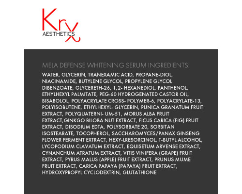 MELA DEFENSE WHITENING SERUM. KRX Aesthetics.  Відбілююча активна сироватка з 5% Транексамової кислоти та 3% Ніацинамідом, 30 гр