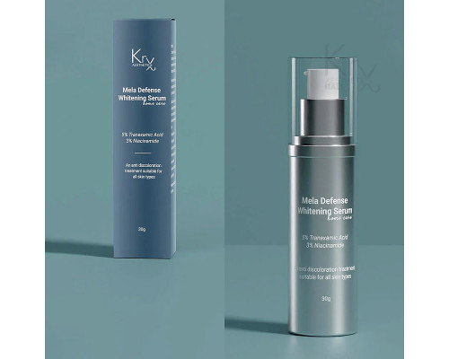 MELA DEFENSE WHITENING SERUM. KRX Aesthetics.  Відбілююча активна сироватка з 5% Транексамової кислоти та 3% Ніацинамідом, 30 гр